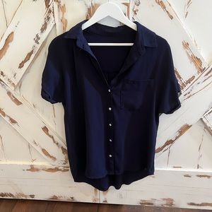 Navy Blue Button Down Silk Shirt